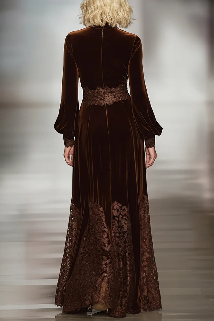 Nazaret Lace Patchwork Turtleneck Balloon Sleeve Velvet Maxi Dresses – Sienna Noosa