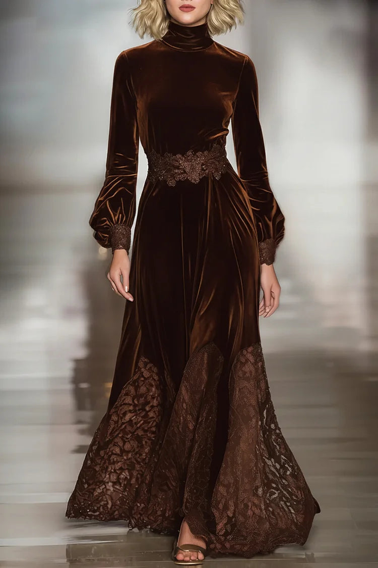 Nazaret Lace Patchwork Turtleneck Balloon Sleeve Velvet Maxi Dresses – Sienna Noosa