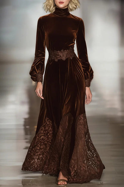 Nazaret Lace Patchwork Turtleneck Balloon Sleeve Velvet Maxi Dresses – Sienna Noosa