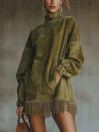 Alma Faux Suede Turtleneck Dress with Fringe Hem – Sienna Noosa