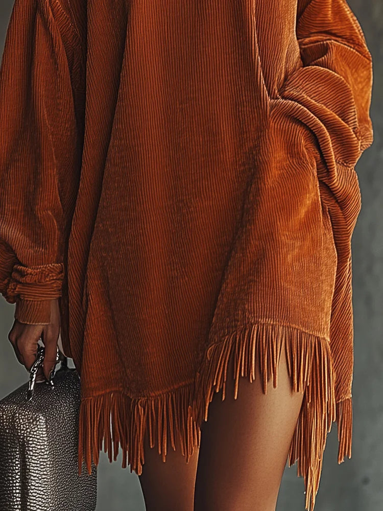 Orange Corduroy Loose Tassel Hem High Collar Dress – Sienna Noosa