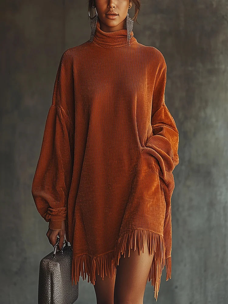 Orange Corduroy Loose Tassel Hem High Collar Dress – Sienna Noosa