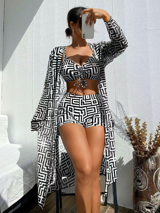 Women's Rectangular Printed Two-Piece Swimsuit and Cover-Up Three-Piece Set – Sienna Noosa