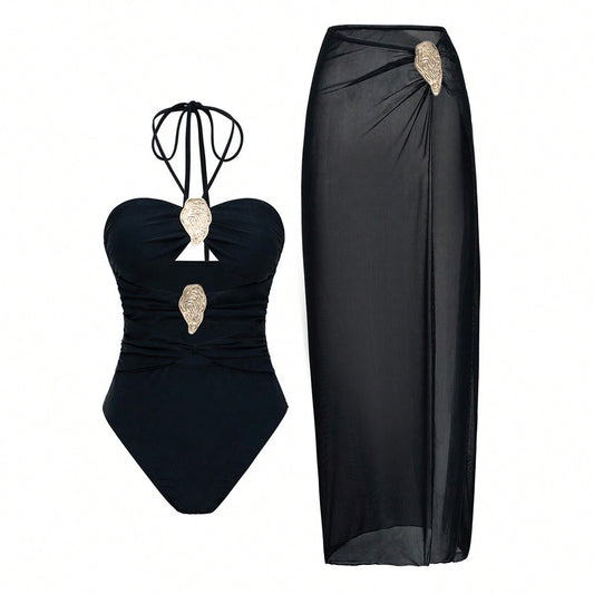 Women's Halter-Neck One-Piece Swimsuit with Hot Spring Wrap Skirt Set – Sienna Noosa