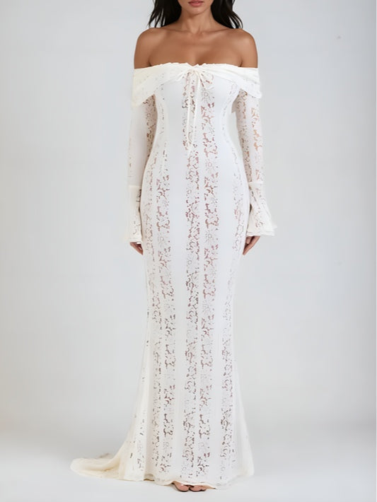 Mozision Floral Lace Off Shoulder Maxi Dress for Women White Strapless Backless Long Sleeve Bodycon Club Party Sexy Long Dress – Sienna Noosa