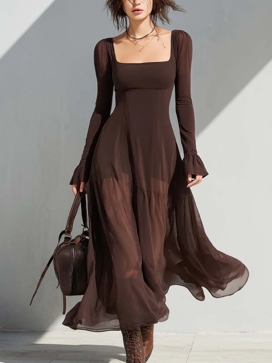 Vintage Square Neck Sheer Sleeves Flare Midi Dress – Sienna Noosa