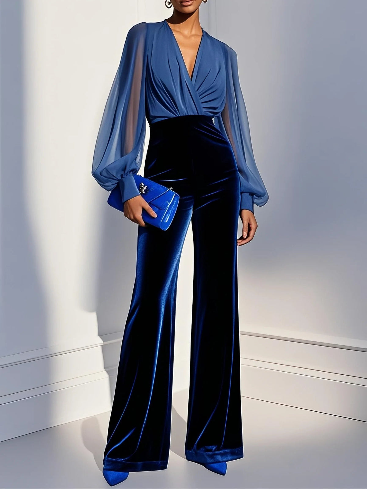 Blue Mesh V Neck Long Sleeved Velvet Jumpsuit – Sienna Noosa