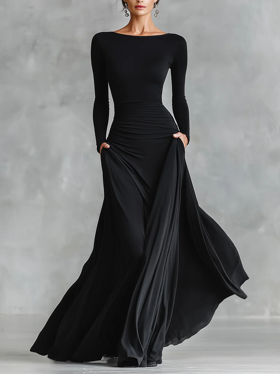 Black Modern Crepe Pleated Boat Neck Long Dress – Sienna Noosa
