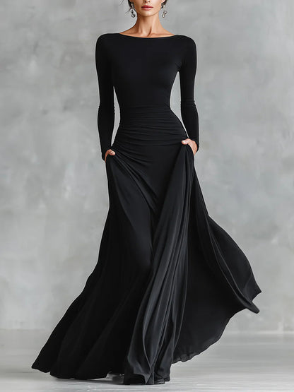 Black Modern Crepe Pleated Boat Neck Long Dress – Sienna Noosa