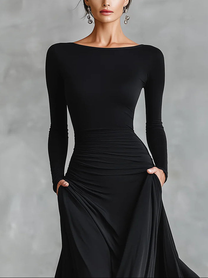 Black Modern Crepe Pleated Boat Neck Long Dress – Sienna Noosa