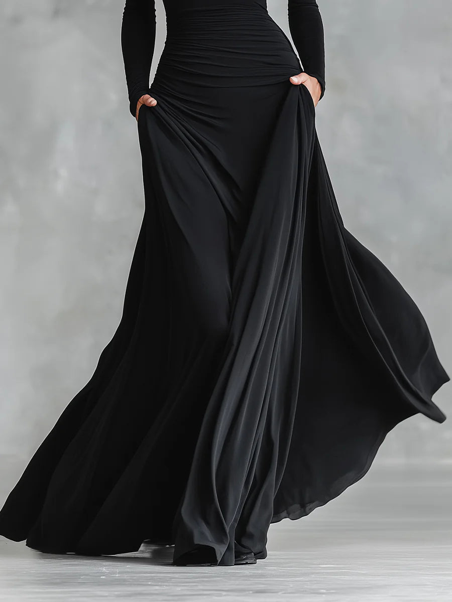 Black Modern Crepe Pleated Boat Neck Long Dress – Sienna Noosa