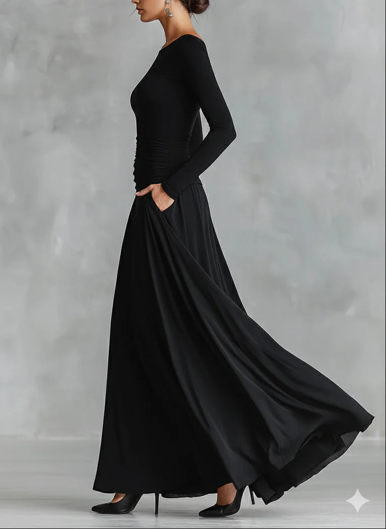 Black Modern Crepe Pleated Boat Neck Long Dress – Sienna Noosa