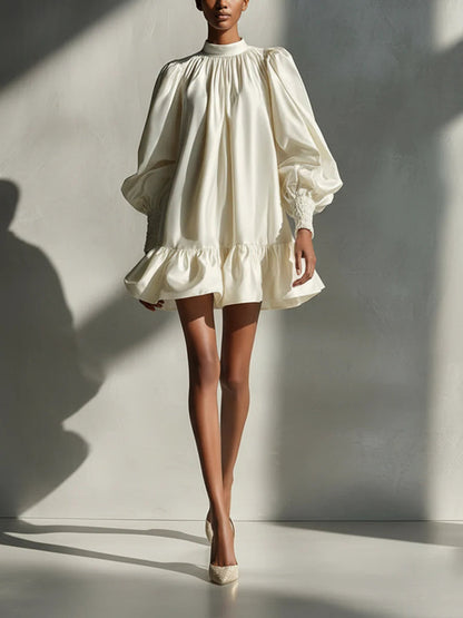 Beige Satin Puff Sleeve Ruffle Mini Dress – Sienna Noosa