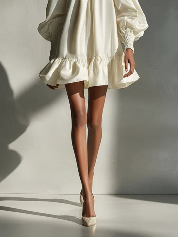 Beige Satin Puff Sleeve Ruffle Mini Dress – Sienna Noosa