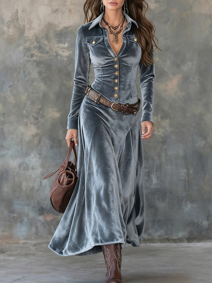 Penelope Gray Velvet Lapel Metal Button Down Maxi Dress with Belt – Sienna Noosa