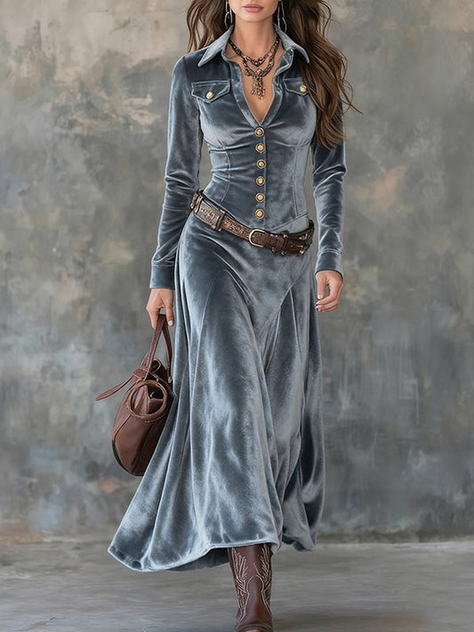 Penelope Gray Velvet Lapel Metal Button Down Maxi Dress with Belt – Sienna Noosa