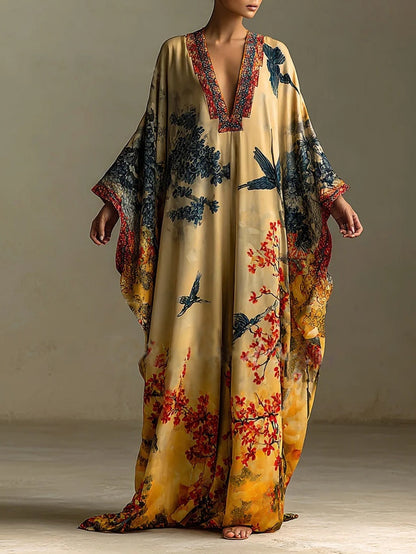 Red Maple Blossom and Bird Art Print Batwing Sleeve Long Robe Dress – Sienna Noosa