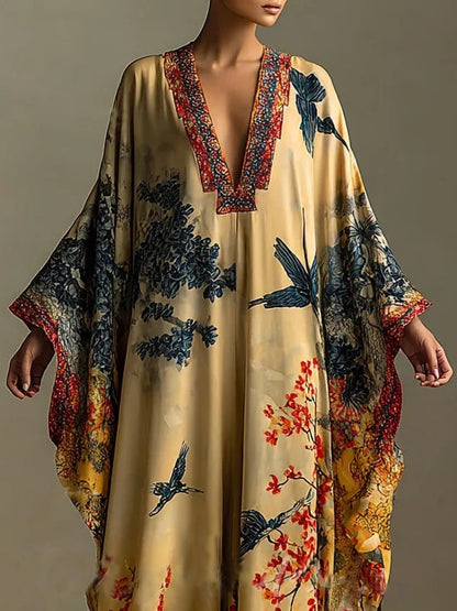 Red Maple Blossom and Bird Art Print Batwing Sleeve Long Robe Dress – Sienna Noosa