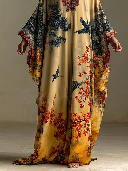 Red Maple Blossom and Bird Art Print Batwing Sleeve Long Robe Dress – Sienna Noosa