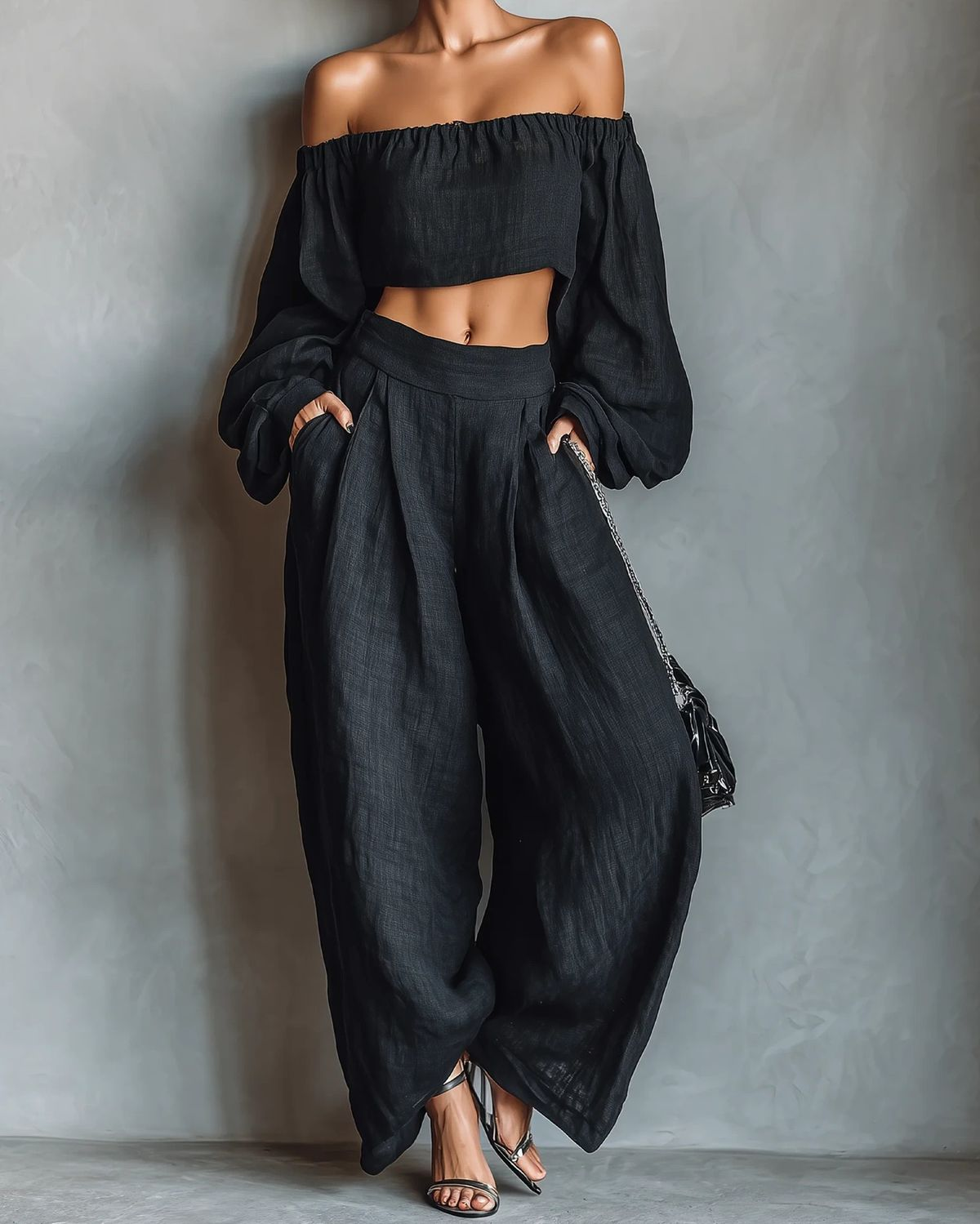 Black Off the Shoulder Long Sleeved Top and Wide Leg Pants Set – Sienna Noosa