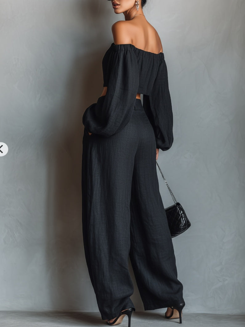 Black Off the Shoulder Long Sleeved Top and Wide Leg Pants Set – Sienna Noosa
