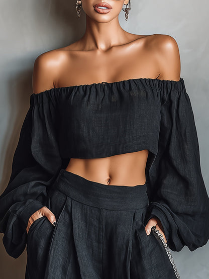 Black Off the Shoulder Long Sleeved Top and Wide Leg Pants Set – Sienna Noosa