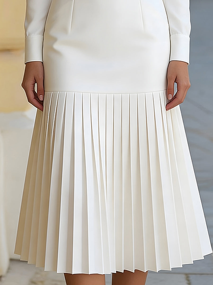 White Turtleneck Long Sleeved Pleated Midi Dress with Belt – Sienna Noosa