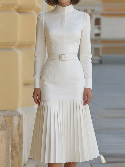 White Turtleneck Long Sleeved Pleated Midi Dress with Belt – Sienna Noosa