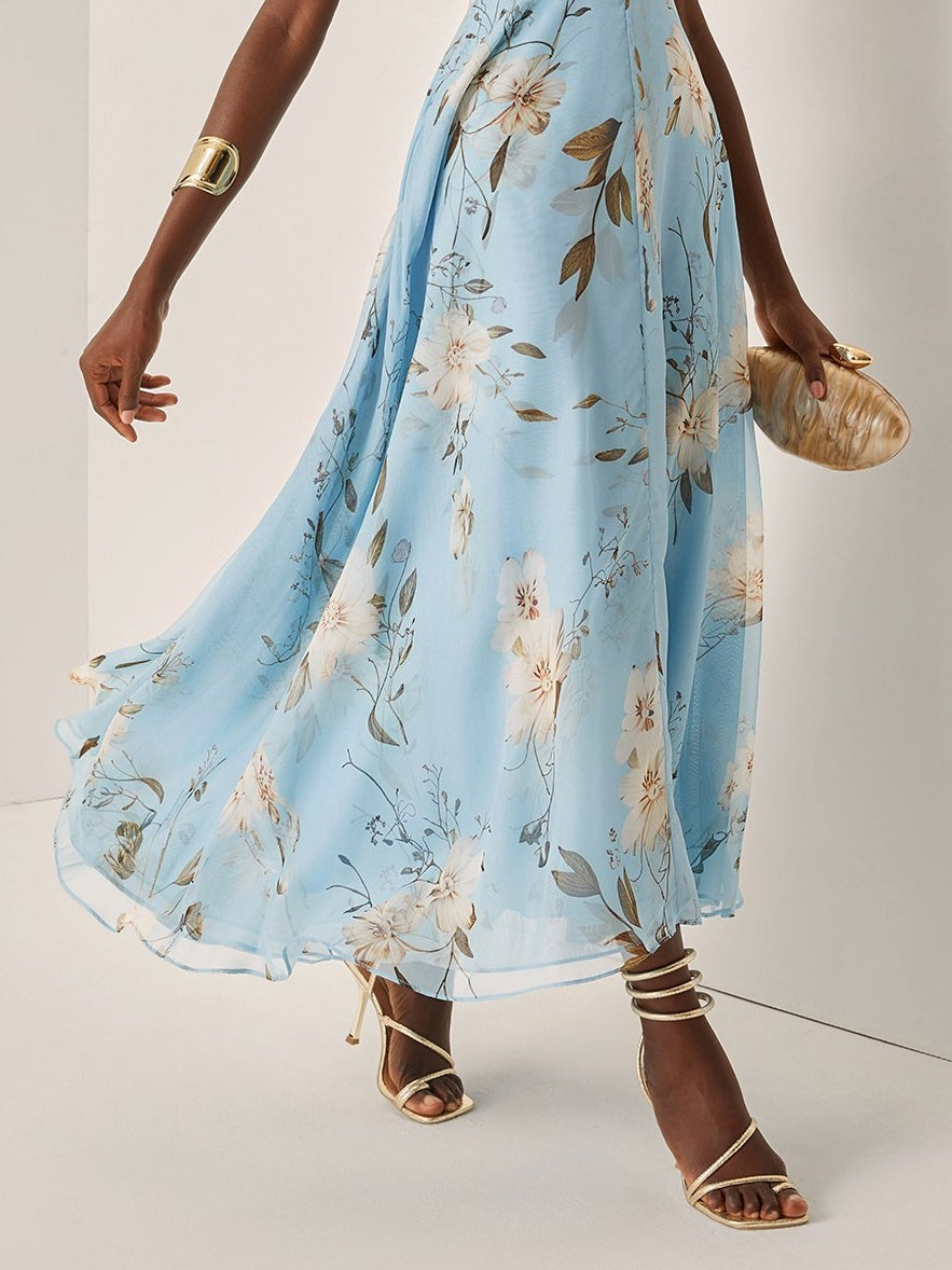 Light Blue Floral Pleated Chiffon One Shoulder Maxi Dress – Sienna Noosa