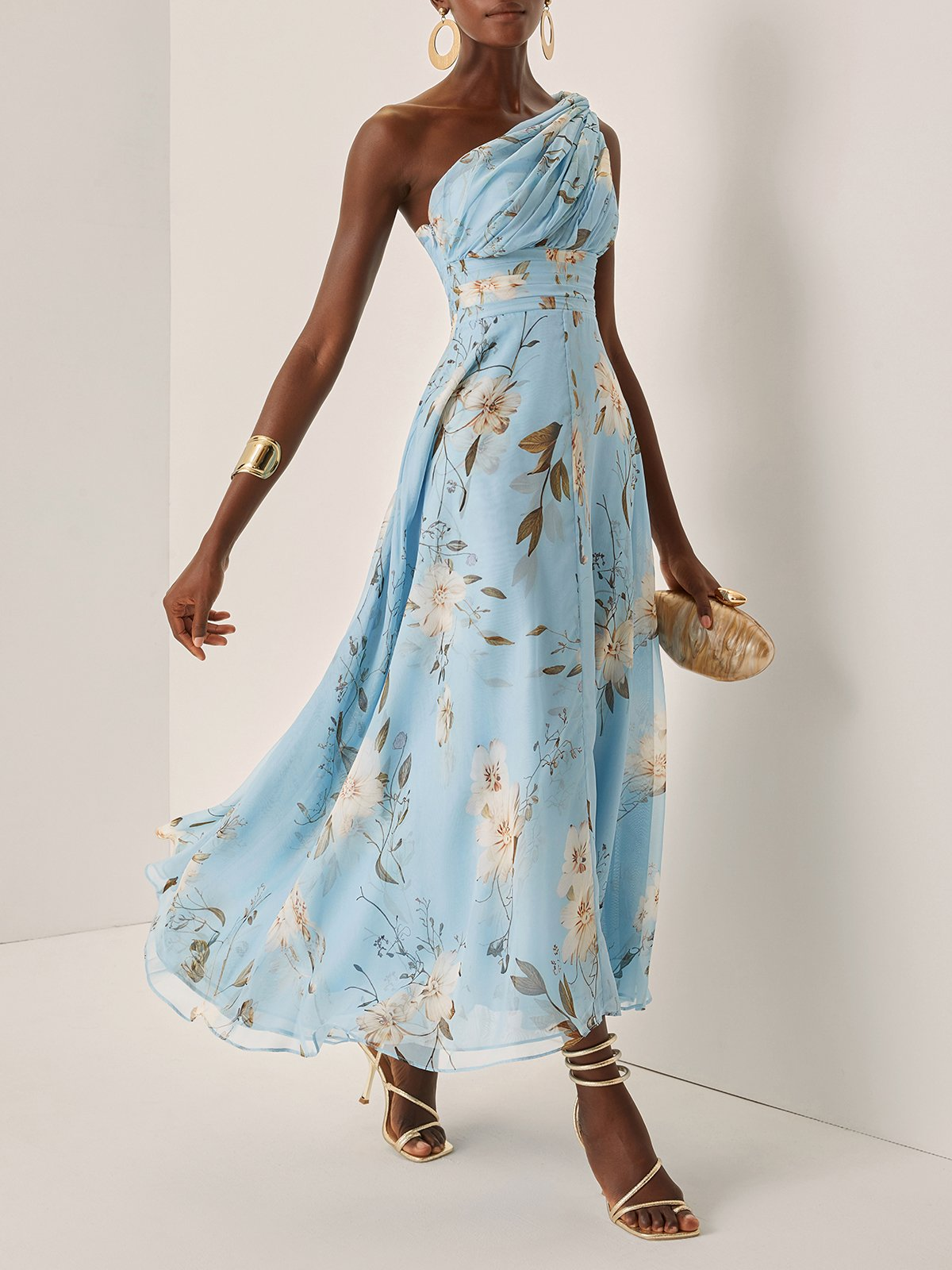 Light Blue Floral Pleated Chiffon One Shoulder Maxi Dress – Sienna Noosa