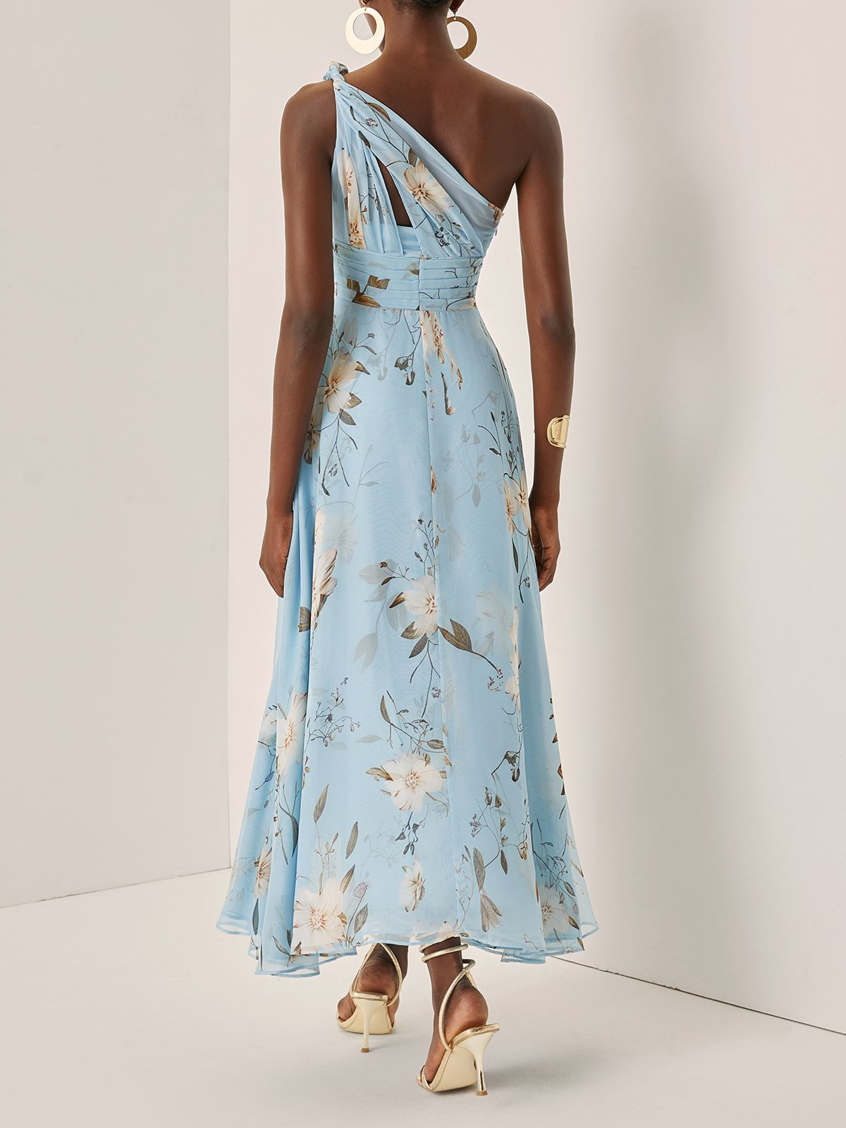 Light Blue Floral Pleated Chiffon One Shoulder Maxi Dress – Sienna Noosa