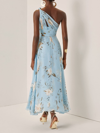 Light Blue Floral Pleated Chiffon One Shoulder Maxi Dress – Sienna Noosa