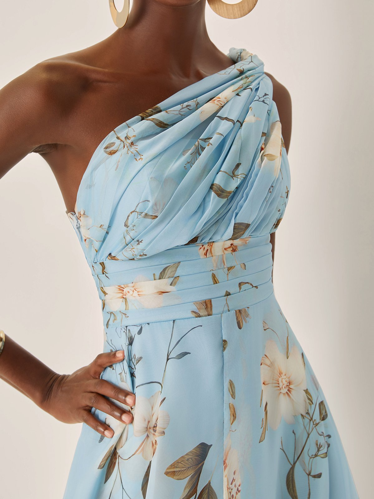 Light Blue Floral Pleated Chiffon One Shoulder Maxi Dress – Sienna Noosa