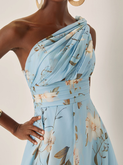 Light Blue Floral Pleated Chiffon One Shoulder Maxi Dress – Sienna Noosa