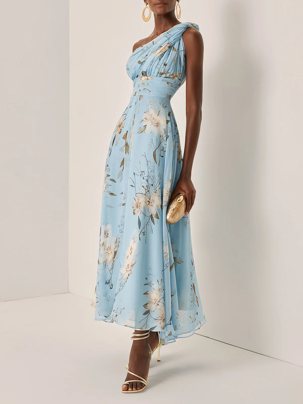 Light Blue Floral Pleated Chiffon One Shoulder Maxi Dress – Sienna Noosa