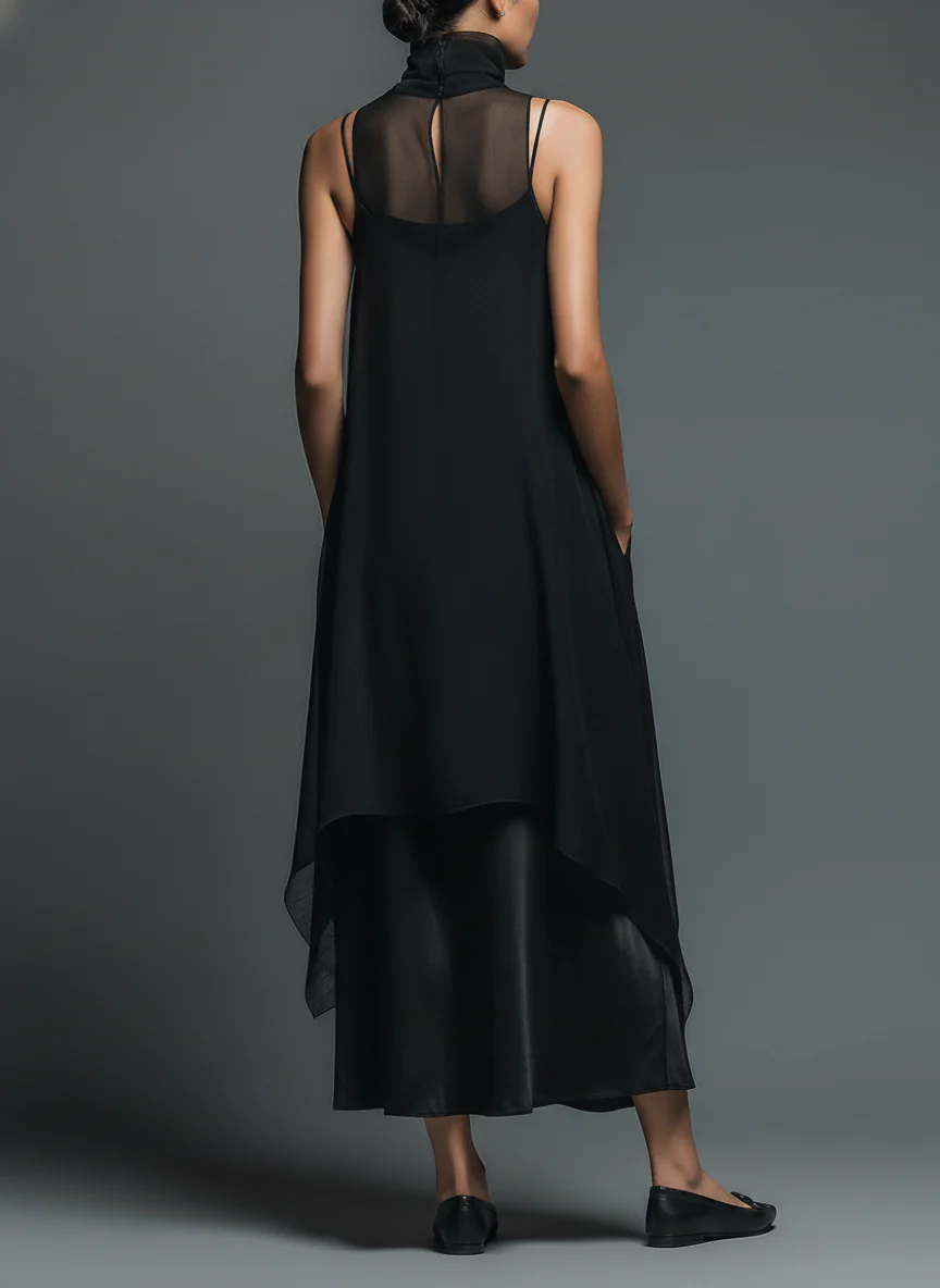 Black Minimalist Faux Acetate Fiber Slip Dress Paired With A Chiffon Cover-up Long Dress Two-piece Set – Sienna Noosa