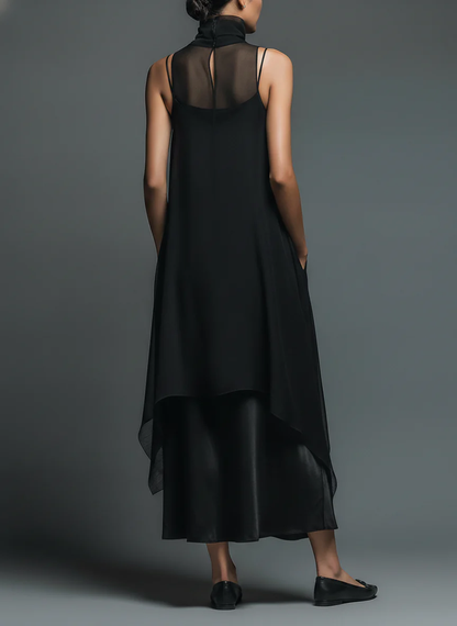 Black Minimalist Faux Acetate Fiber Slip Dress Paired With A Chiffon Cover-up Long Dress Two-piece Set – Sienna Noosa