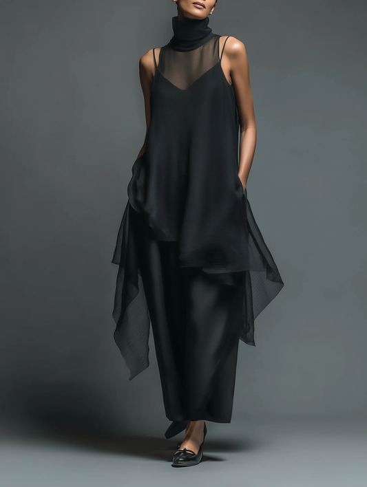 Black Minimalist Faux Acetate Fiber Slip Dress Paired With A Chiffon Cover-up Long Dress Two-piece Set – Sienna Noosa