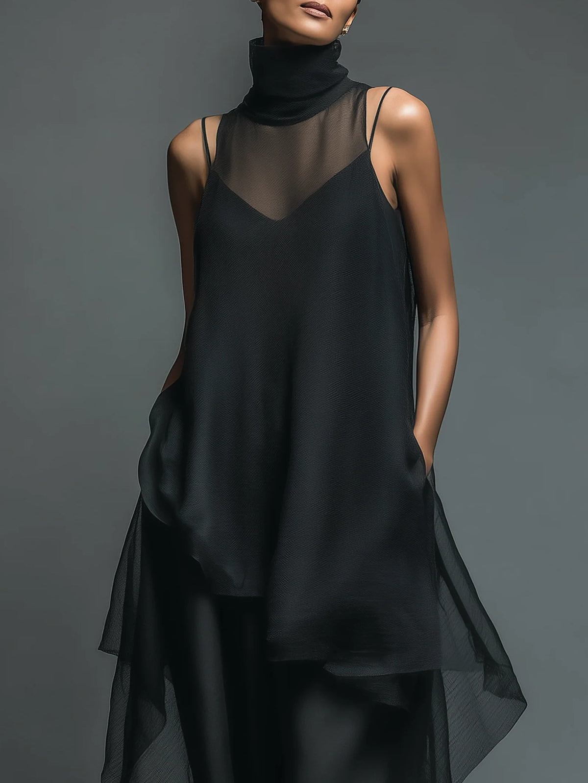 Black Minimalist Faux Acetate Fiber Slip Dress Paired With A Chiffon Cover-up Long Dress Two-piece Set – Sienna Noosa