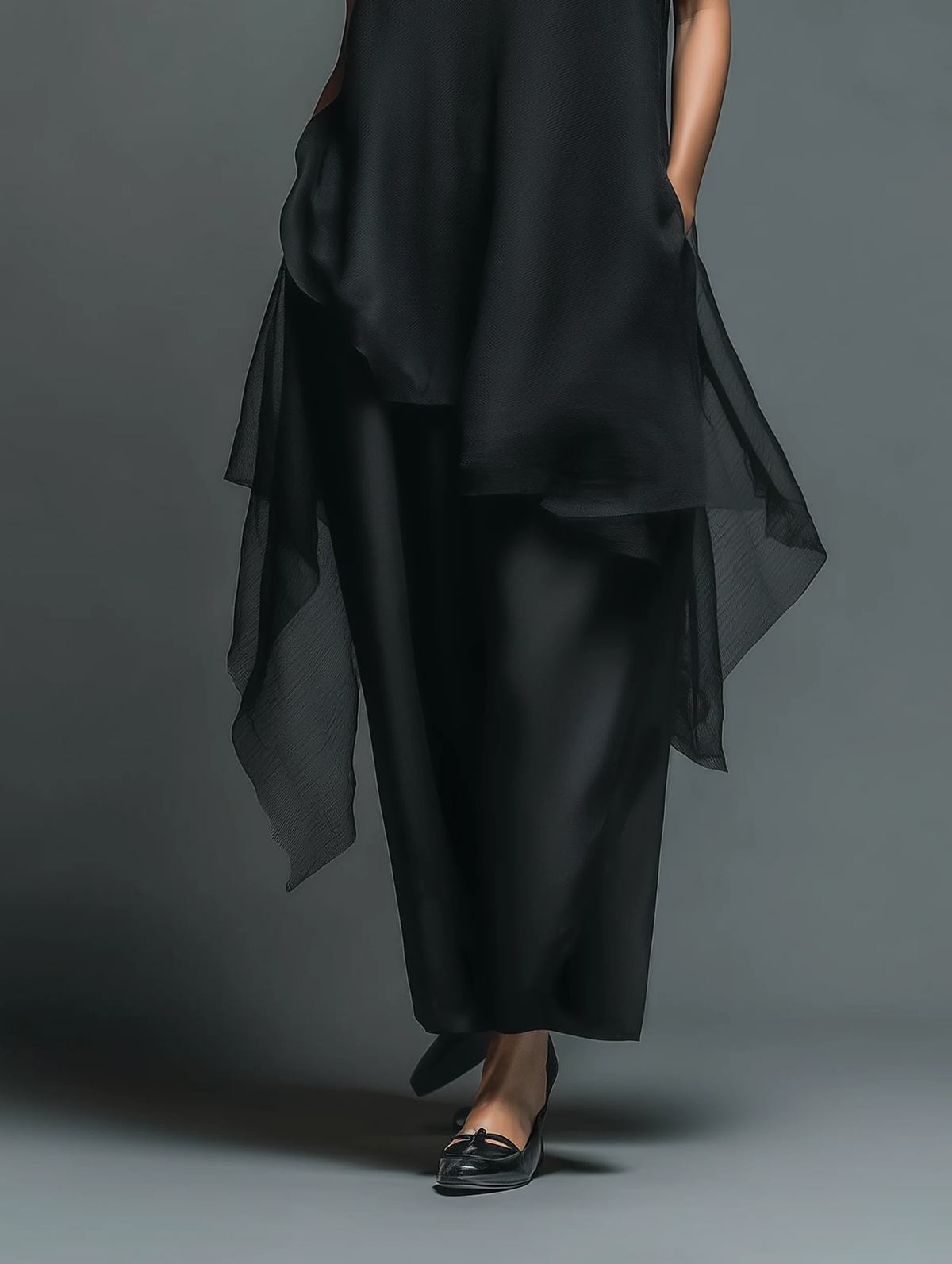 Black Minimalist Faux Acetate Fiber Slip Dress Paired With A Chiffon Cover-up Long Dress Two-piece Set – Sienna Noosa