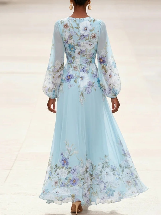 Light Blue V Neck Chiffon Printed Maxi Dress – Sienna Noosa