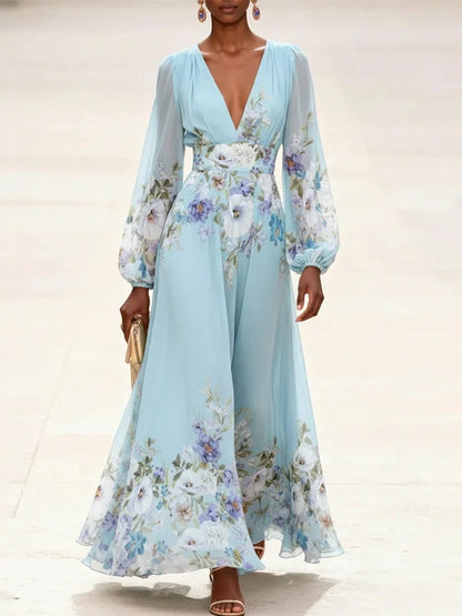 Light Blue V Neck Chiffon Printed Maxi Dress – Sienna Noosa
