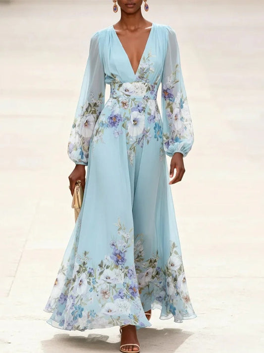 Light Blue V Neck Chiffon Printed Maxi Dress – Sienna Noosa