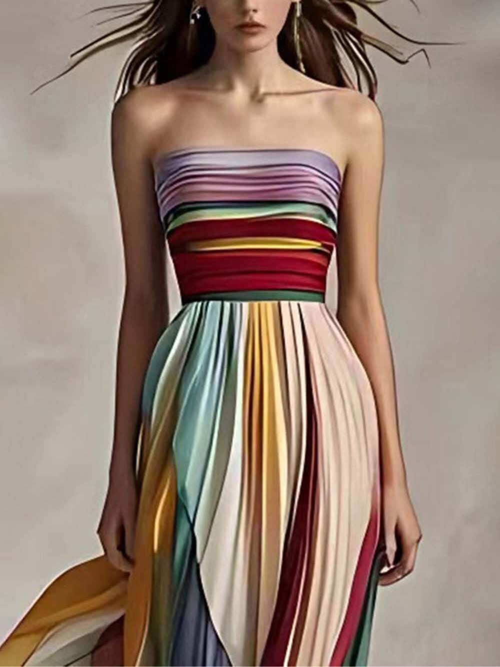 Elegant Striped Printed Off Shoulder Pleated Bandeau Maxi Dress – Sienna Noosa