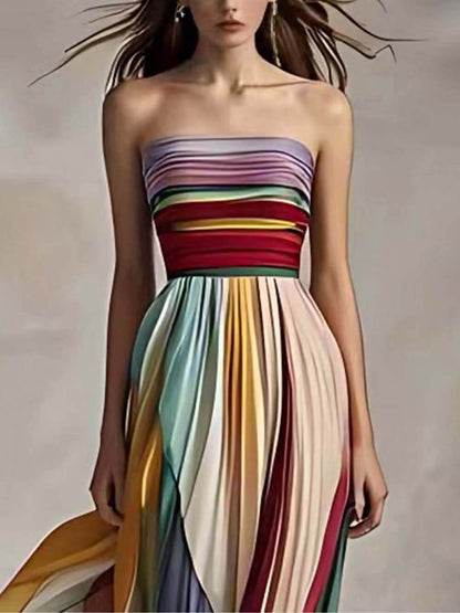 Elegant Striped Printed Off Shoulder Pleated Bandeau Maxi Dress – Sienna Noosa