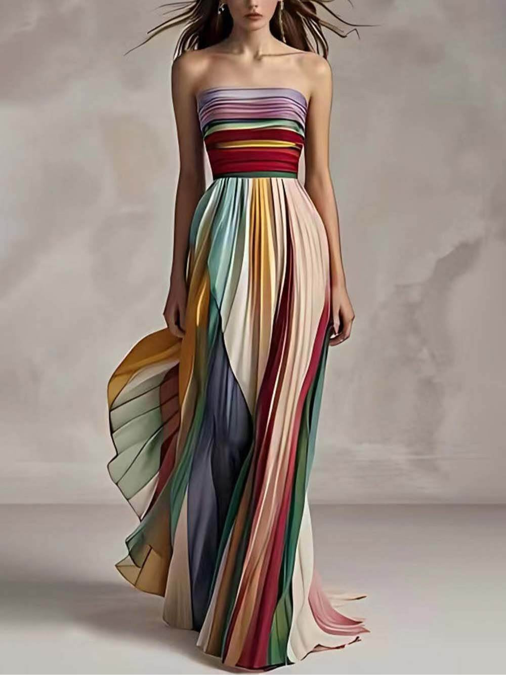 Elegant Striped Printed Off Shoulder Pleated Bandeau Maxi Dress – Sienna Noosa