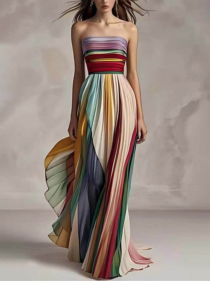 Elegant Striped Printed Off Shoulder Pleated Bandeau Maxi Dress – Sienna Noosa
