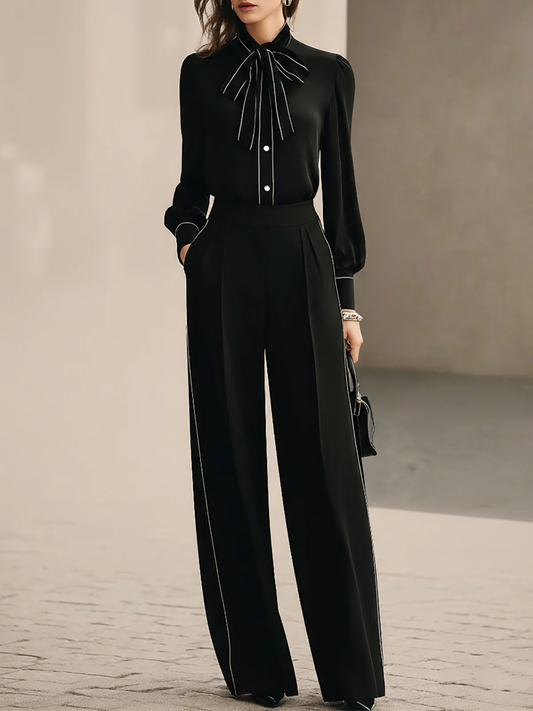 Ana Black and White Trimmed Bow Tie Blouse and Wide Leg Trousers Two-Piece Set – Sienna Noosa