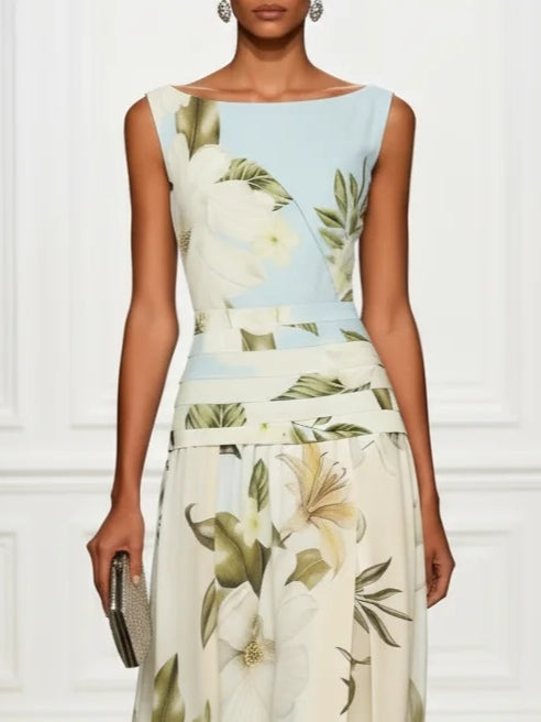 Blue and White Floral Ruffled Boat Neck Sleeveless Maxi Dress – Sienna Noosa