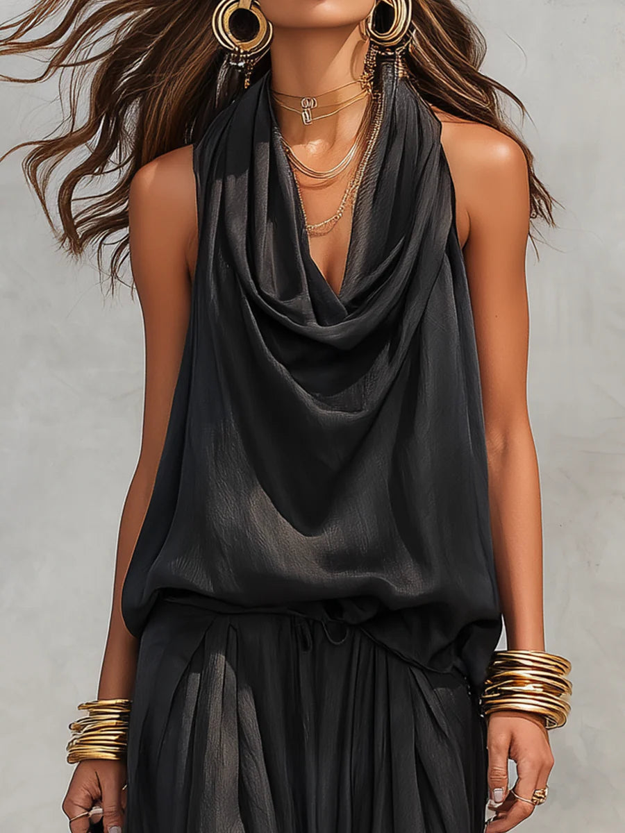 Black Halter Neck Sleeveless Top and Pleated Trousers Set – Sienna Noosa